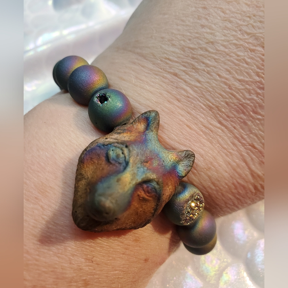 Raku Wolf and Druzy Titanium Quartz Beaded Bracelet OOAK Handmade My Bou…